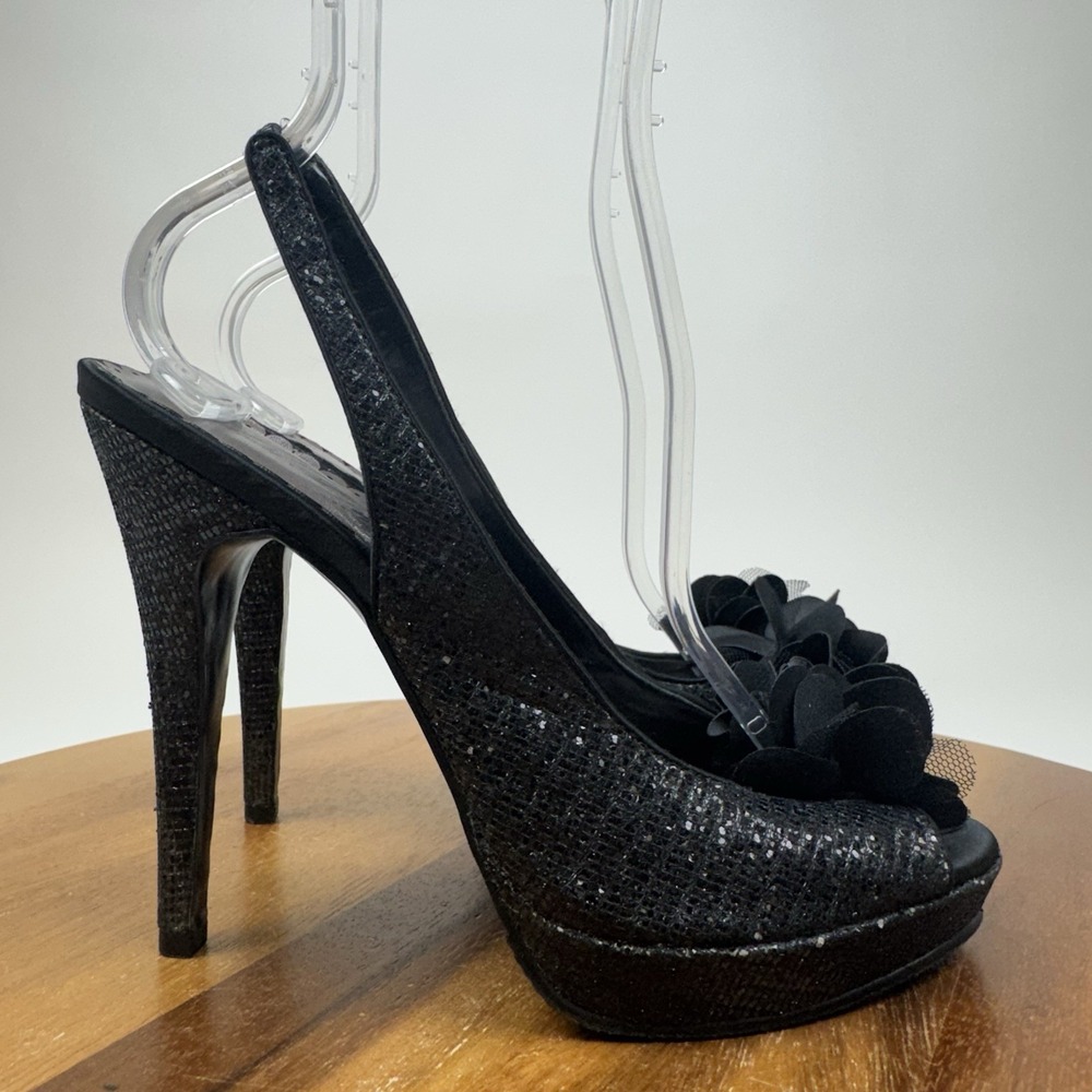 Womens Lulu Townsend Black Glitter Peep Toe Flower Slingback Heels Size 9 M